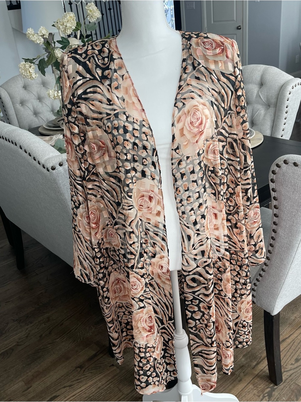 Sheer mixed-pattern duster kimono